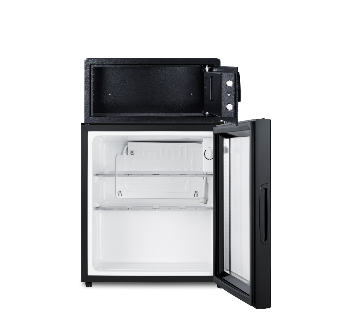 Compact minibar with front lock and glass door with an in-room hotel safe in black with digital keypad lock